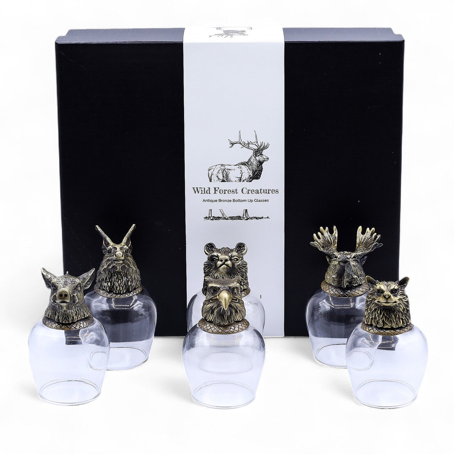 Gift Set of 6 Glasses (100ml) - Wild Forest Creatures - Antique Bronze